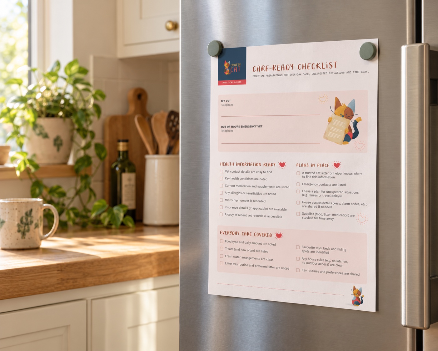 The Crafty Cat Care-Ready Checklist displayed on a kitchen refrigerator