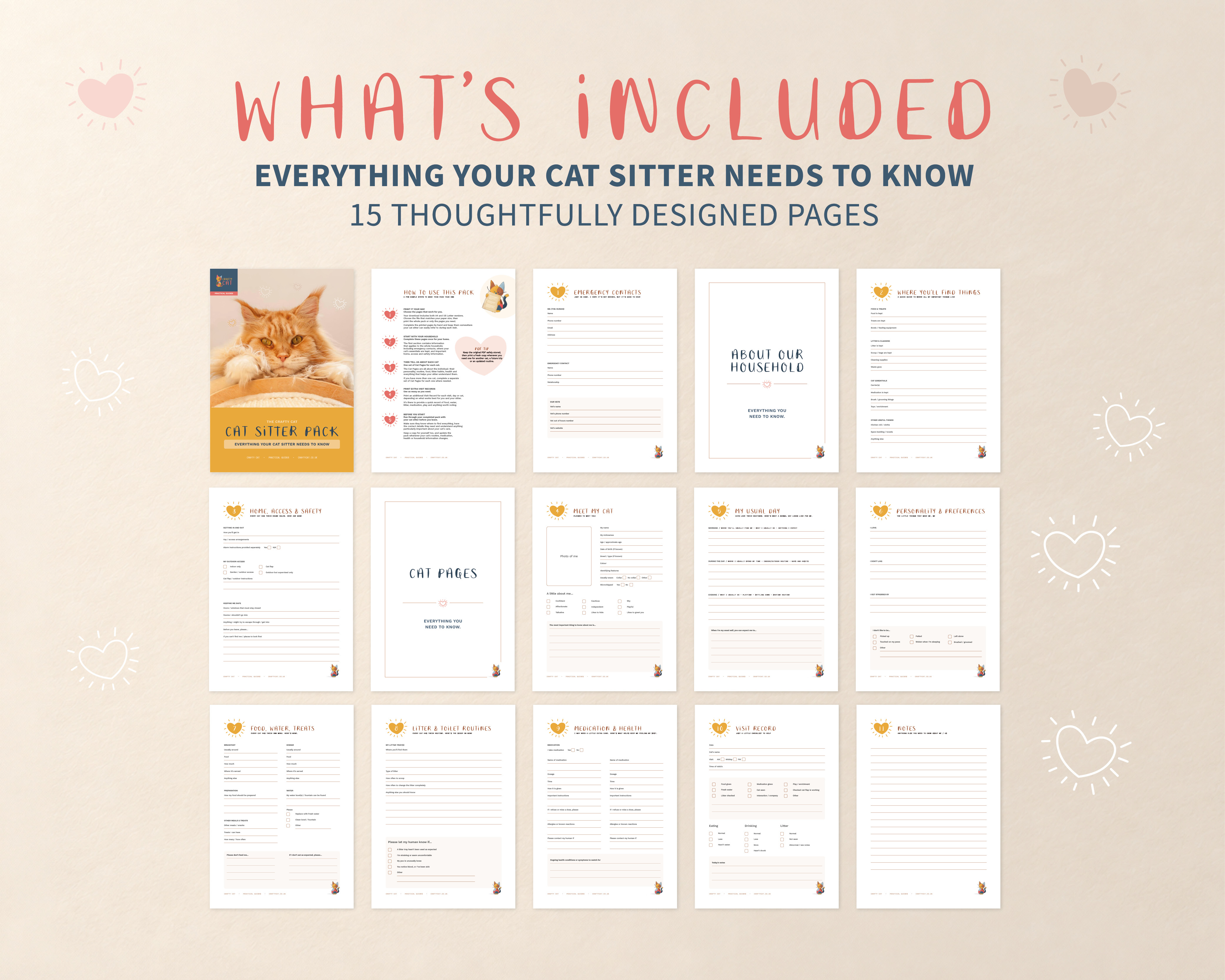 An overview of the pages included in The Crafty Cat Sitter Pack