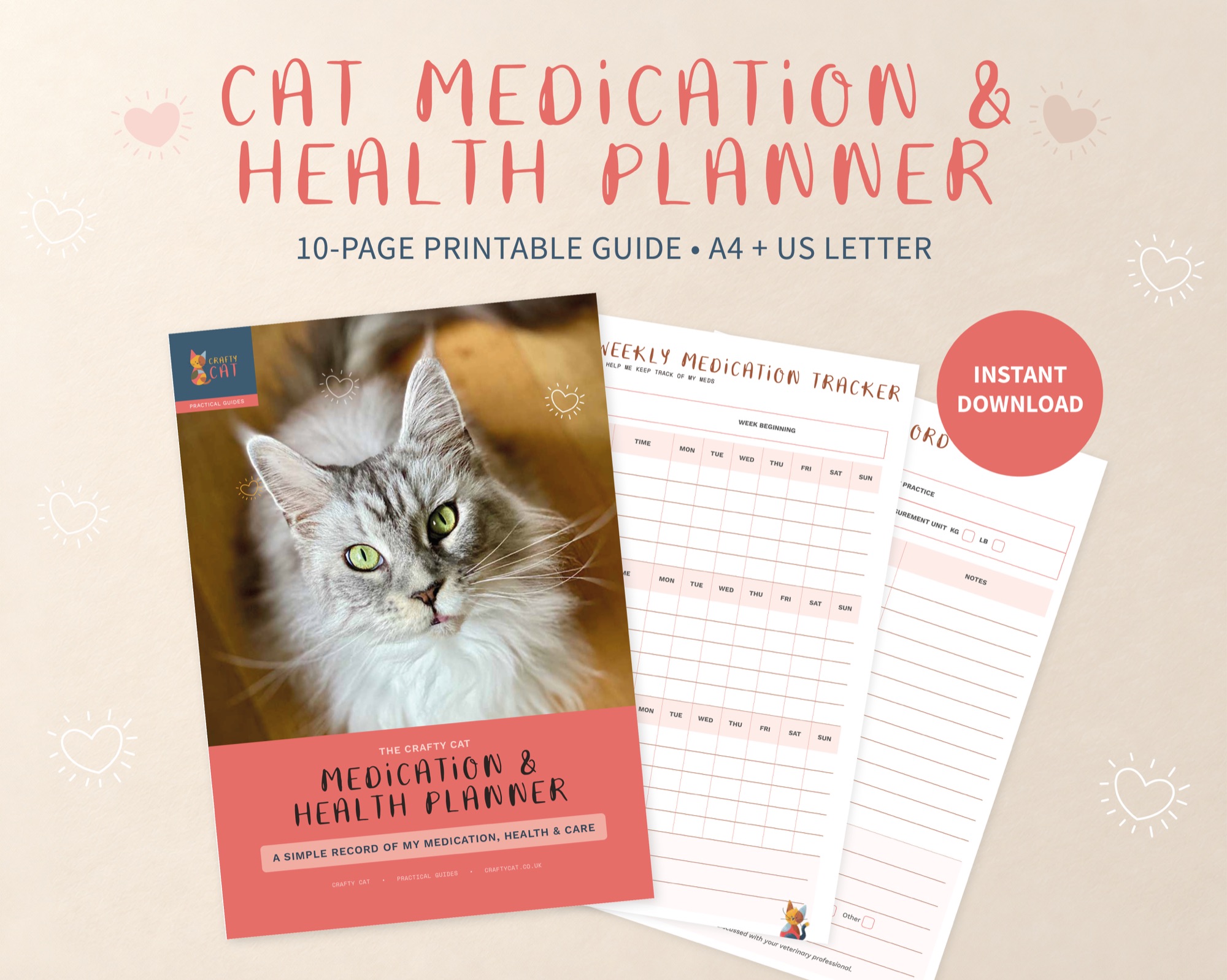 Crafty Cat Medication and Health Planner with its cover and printable record pages