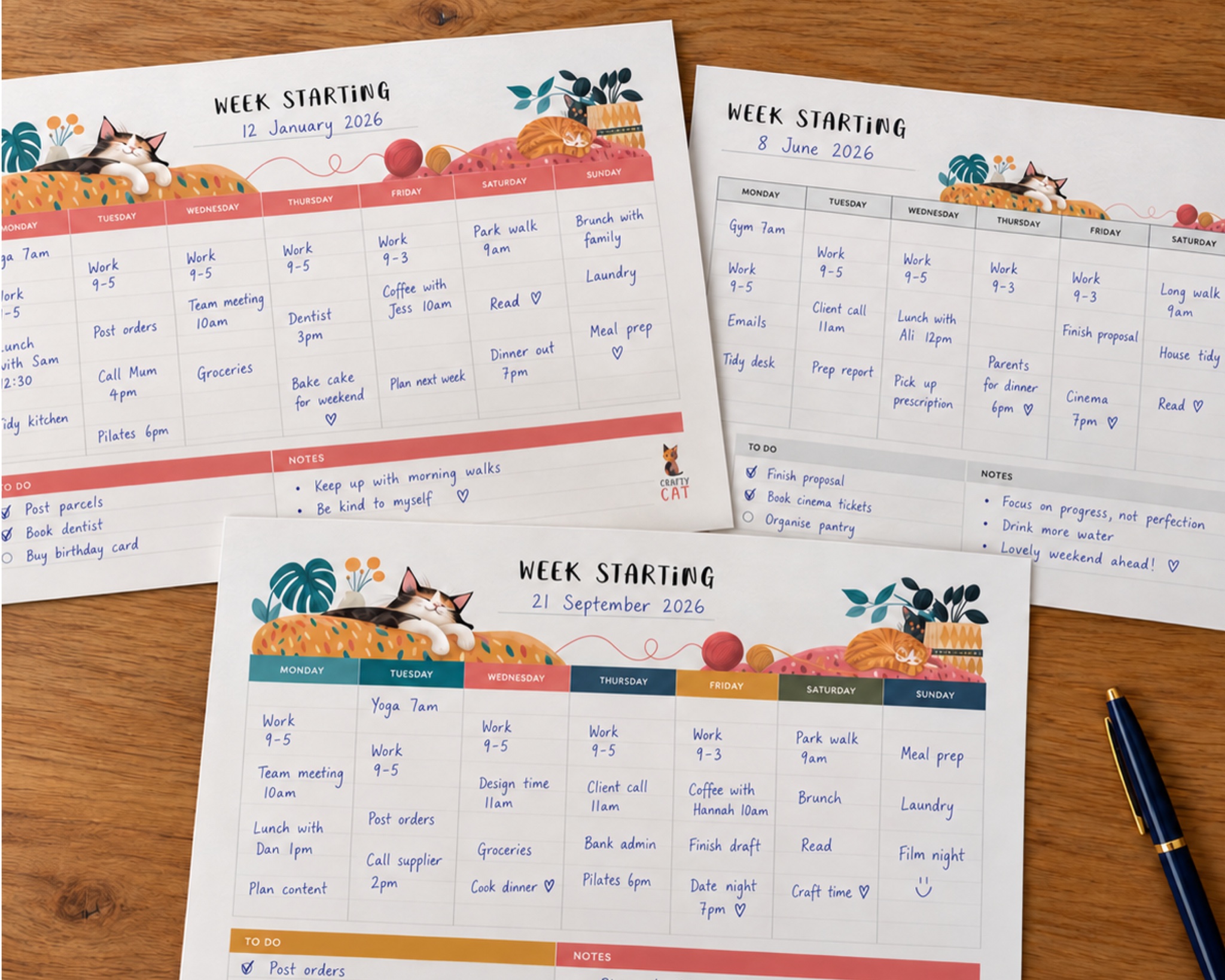 Three completed Crafty Cat weekly planners filled with appointments, tasks and notes