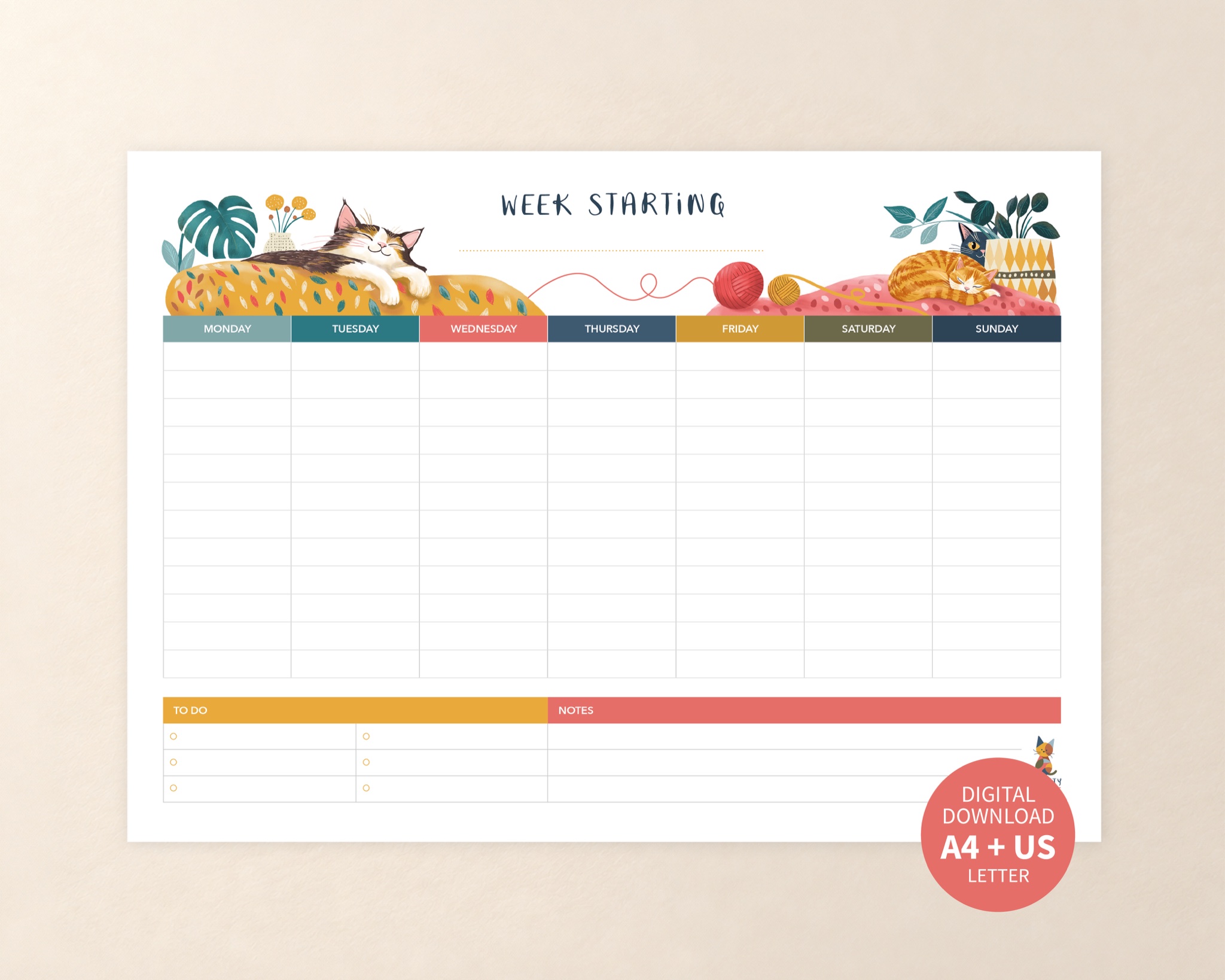 The illustrated Crafty Cat weekly planner with a Monday-to-Sunday grid, to-do list and notes section