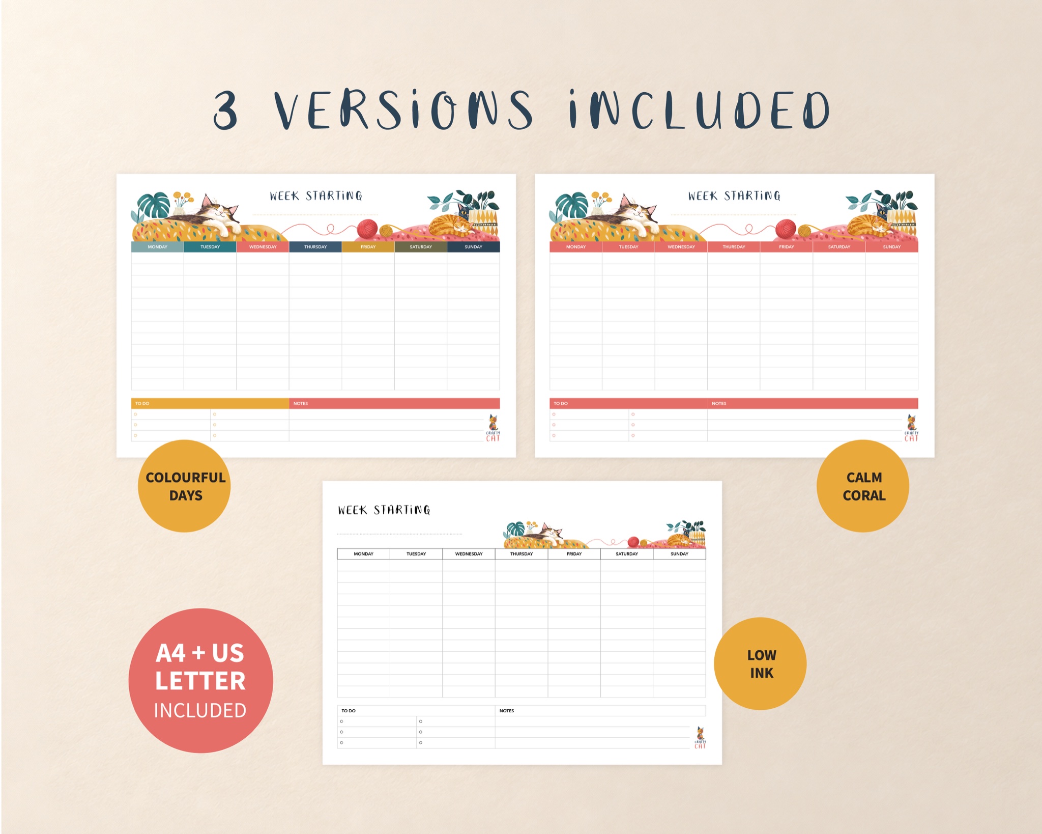Colourful Days, Calm Coral and Low Ink versions of the Crafty Cat weekly planner